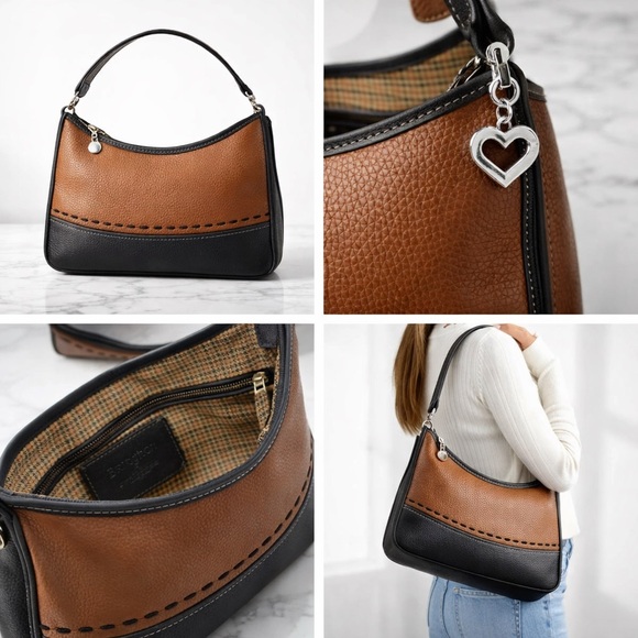 Brighton NWT Brown Black Pebbled Leather Shoulder Bag Heart Hardware Y2K - Picture 5 of 6